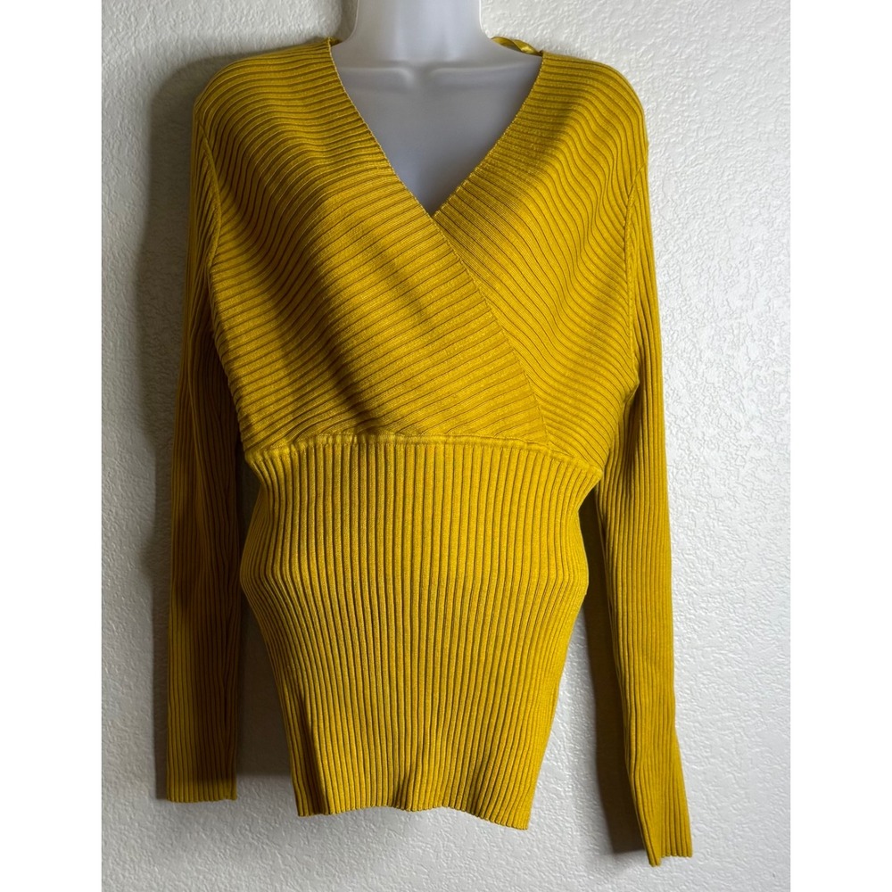 Ashley Stewart Womens 18/20 Sweater Mustard‎ Yellow Ribbed Wrap V Neck Chic
